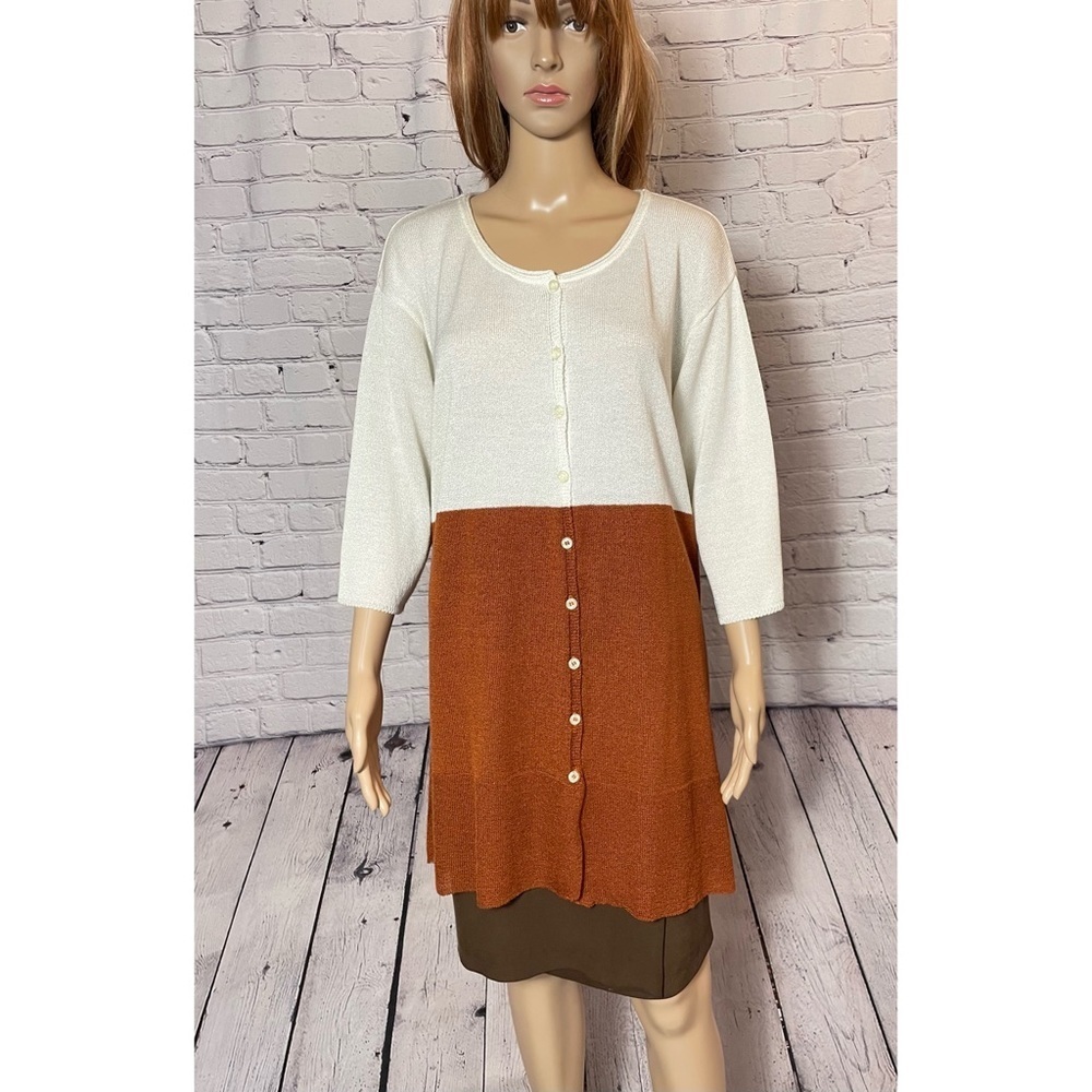 New Roni Biz Cotton Blend 3/4 Sleeve White Brown Cardigan Size S/M